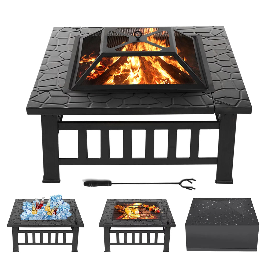 32 inch Square Metal Fire Pit Table with Cover T831383