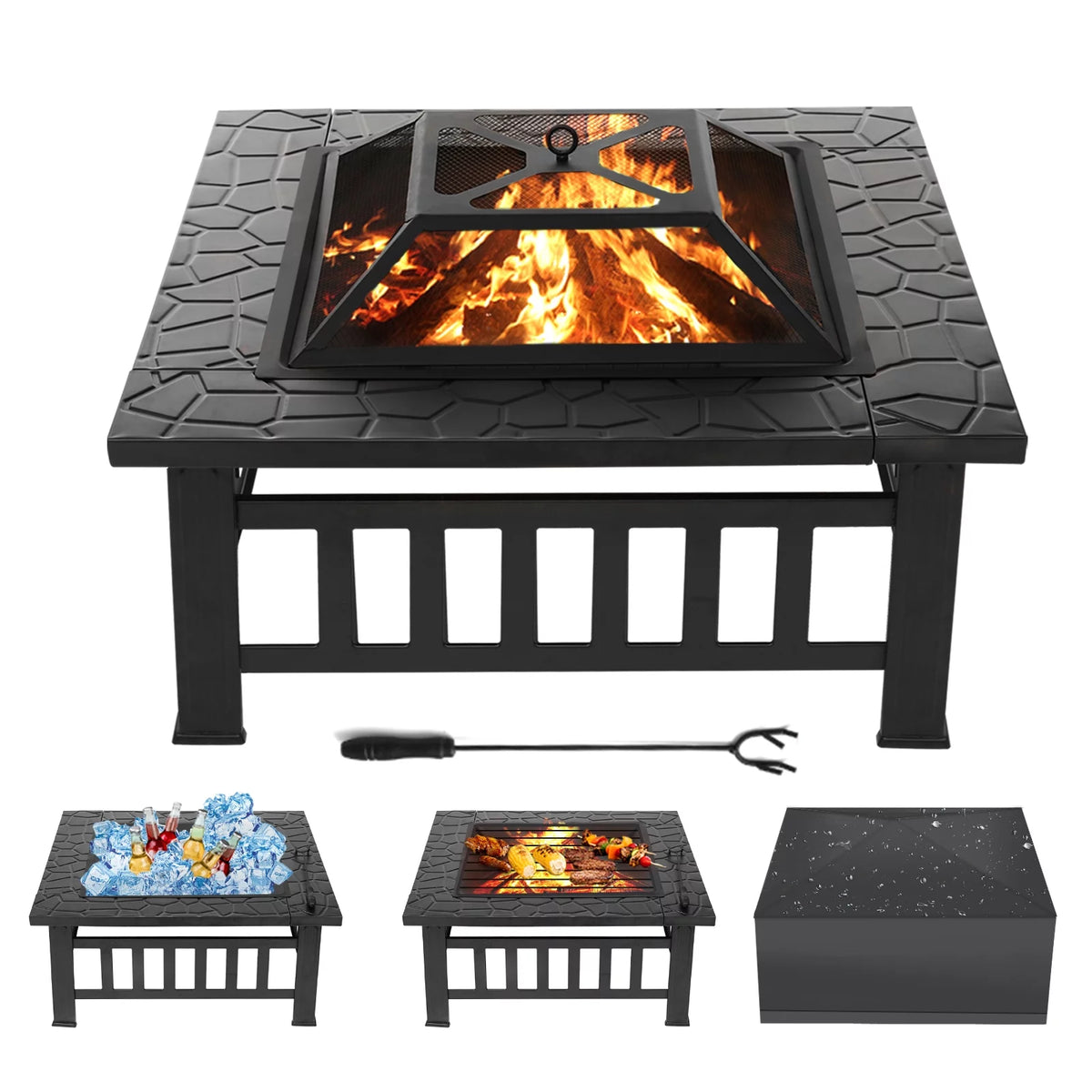 32 inch Square Metal Fire Pit Table with Cover T831383