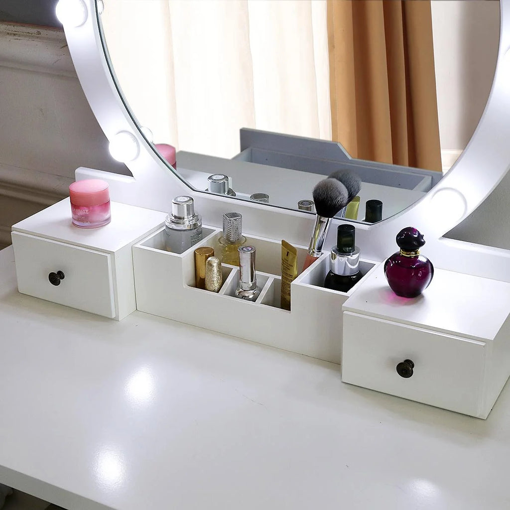 White Round Makeup Vanity Table with Lighted Mirror and Cushioned Stool H183605