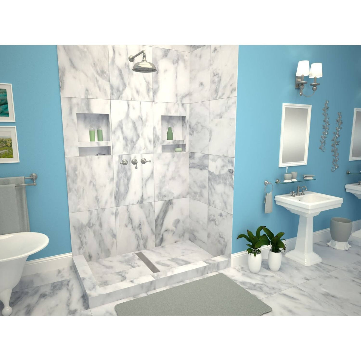 Double Curb Shower Pan with Center Trench Drain R9812