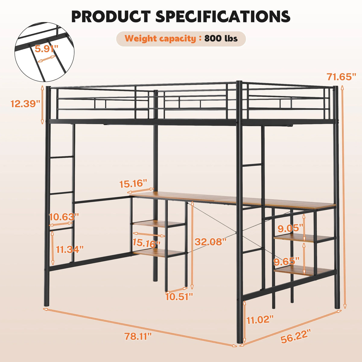 Black Twin Metal Loft Bed with Desk and 4 Shelves T685