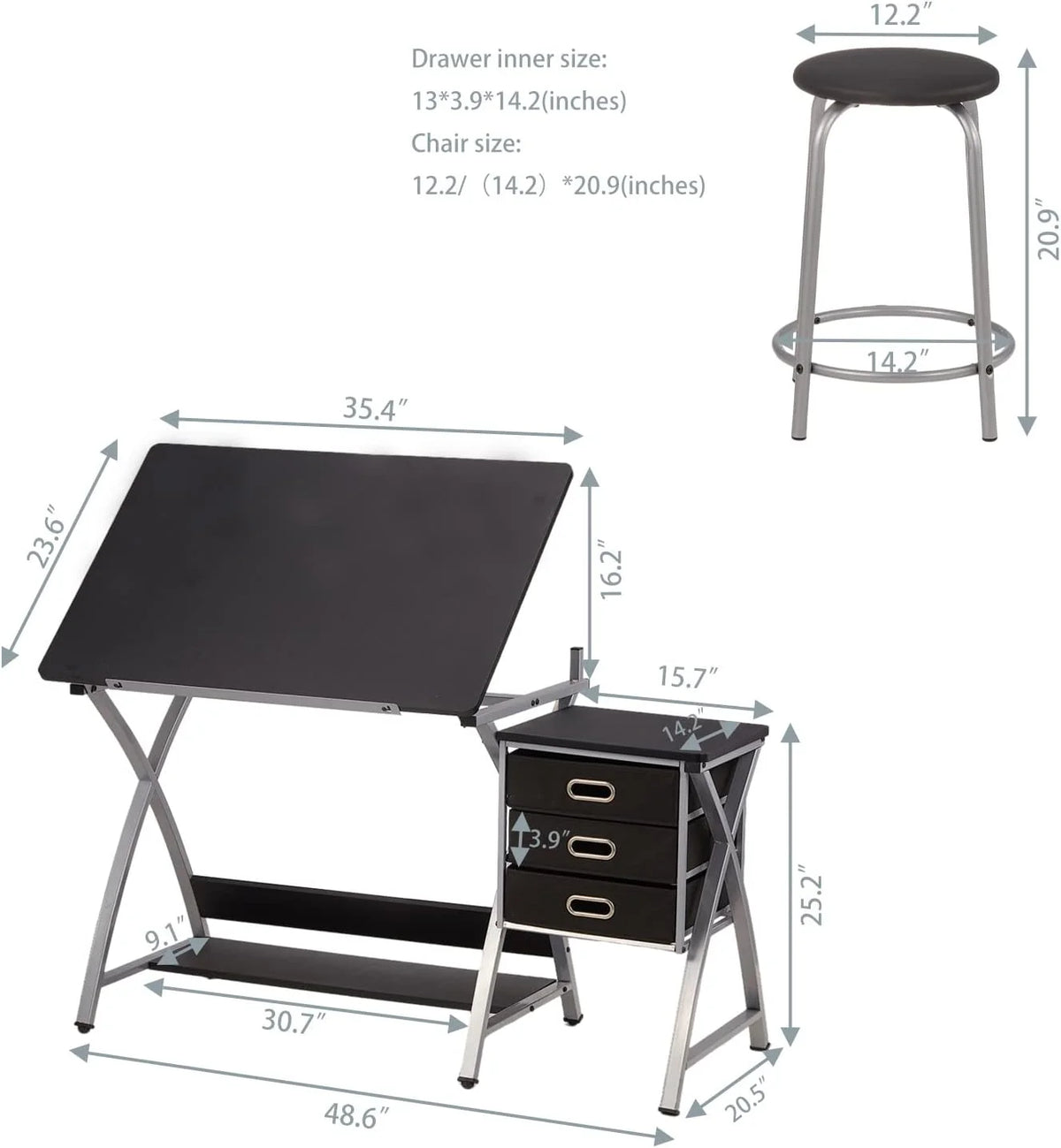 Adjustable Drafting Table with Stool and Storage Drawers, Black C15592