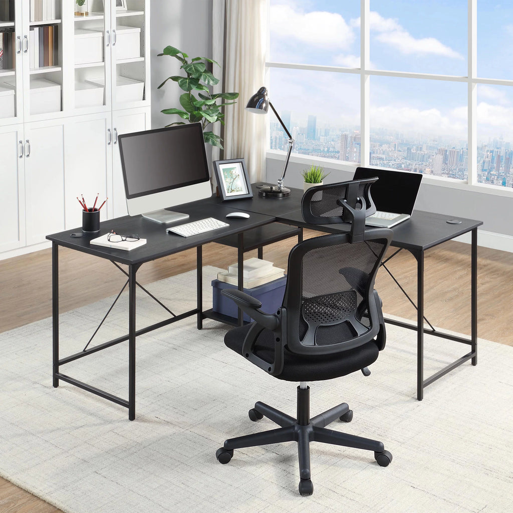 Black Fabric Ergonomic Office Chair with Adjustable Headrest U751342