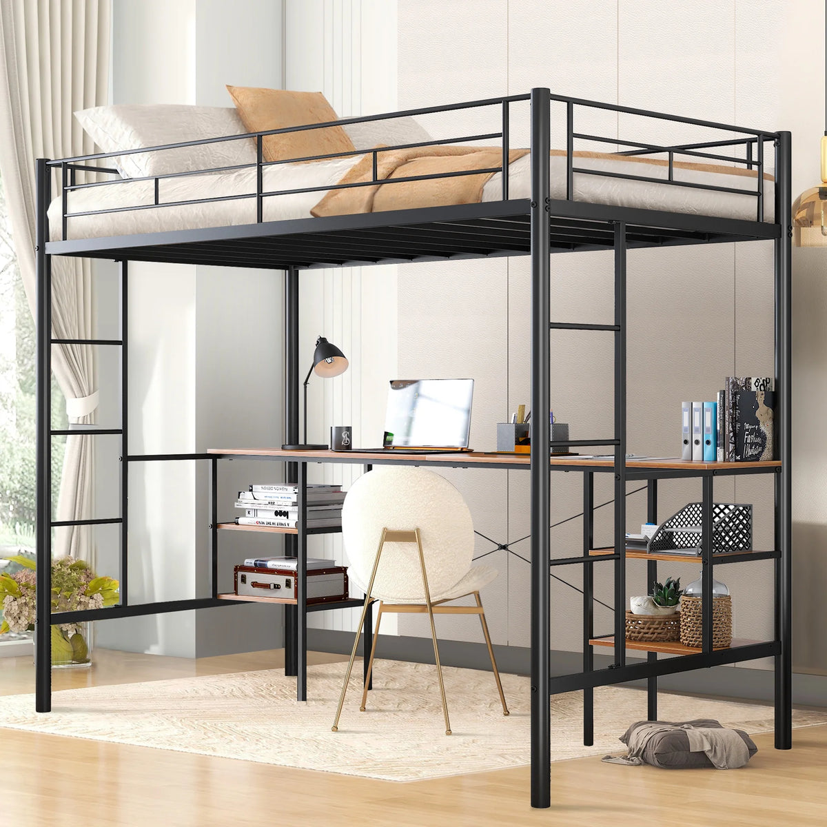 Black Twin Metal Loft Bed with Desk and 4 Shelves T685