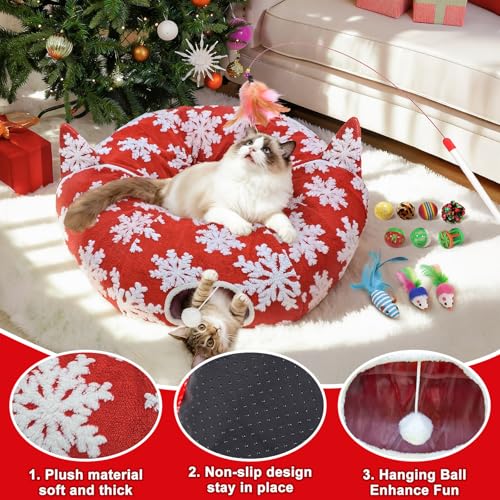 Red Snowflake Cat Tunnel with Washable Mat & 11Pcs Cat Toys B734010