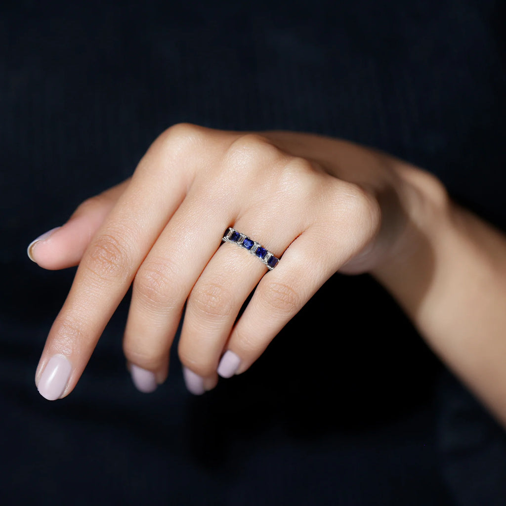 Lab Created Blue Sapphire Half Eternity Ring with Diamond - 2 CT, 14K White Gold, US 6.00 W64887