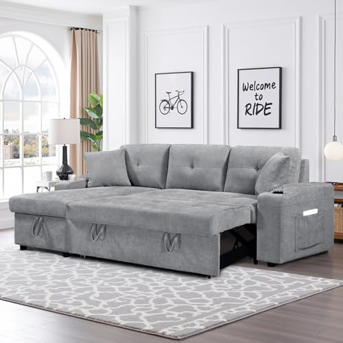 92" Reversible Sleeper Sectional Sofa with Storage Chaise, Light Gray Linen Fabric I28370