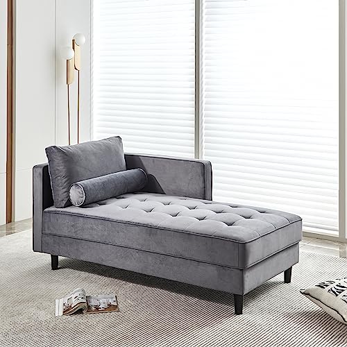 64" Upholstered Velvet Chaise Lounge with Left Armrest & Lumbar Pillow Z93961