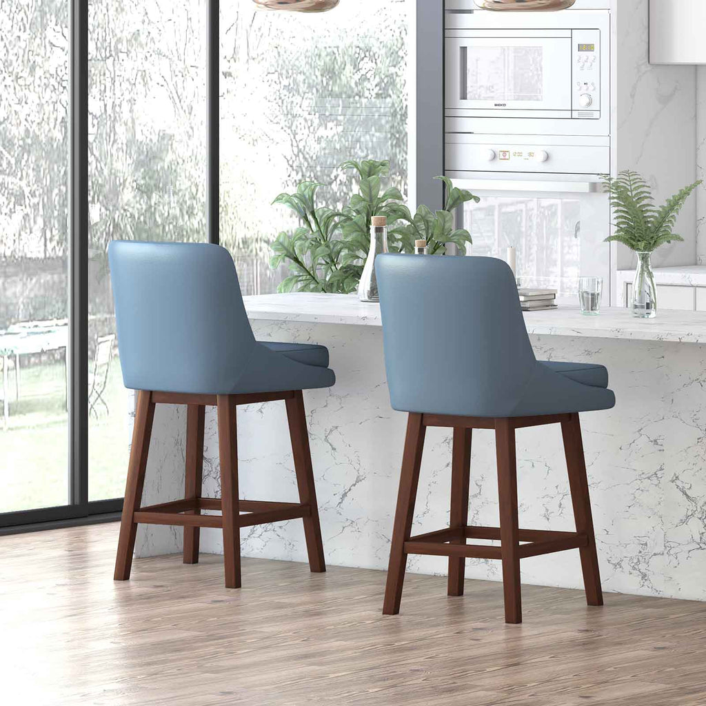 Blue 26" H Swivel Bar Stools Set of 2 with Back, Solid Wood Legs O4451