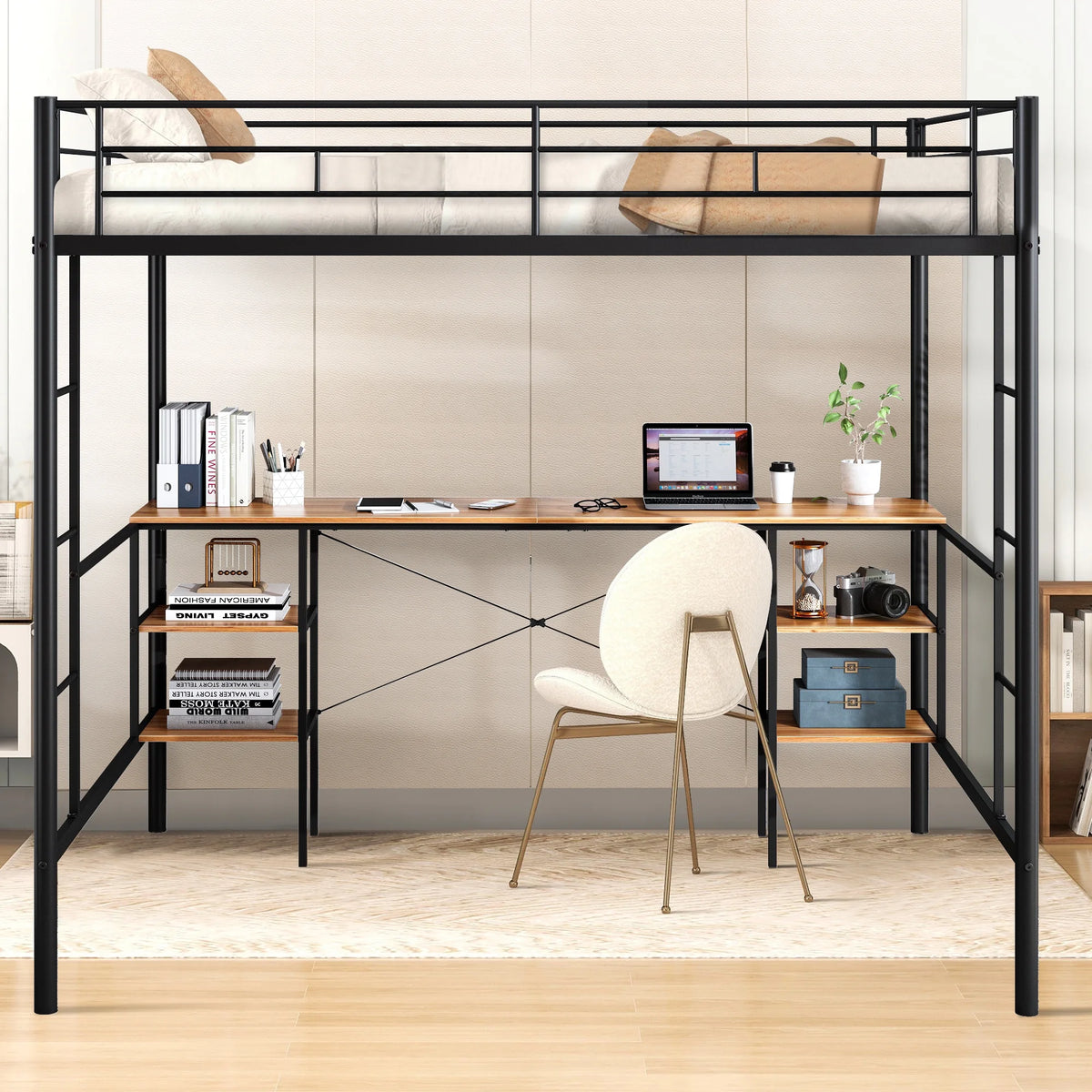 Black Twin Metal Loft Bed with Desk and 4 Shelves T685