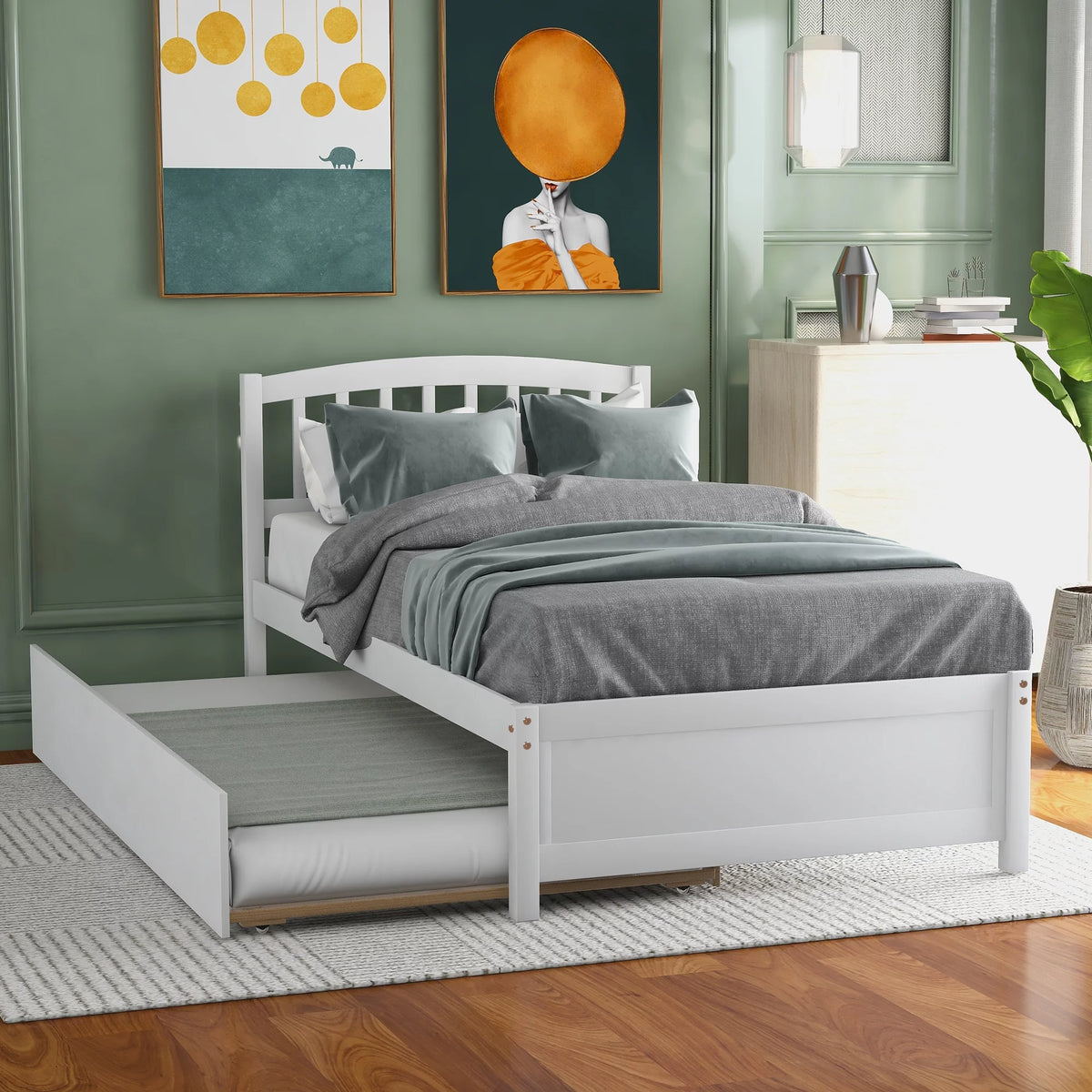 Twin Size White Wood Platform Bed with Trundle D818212