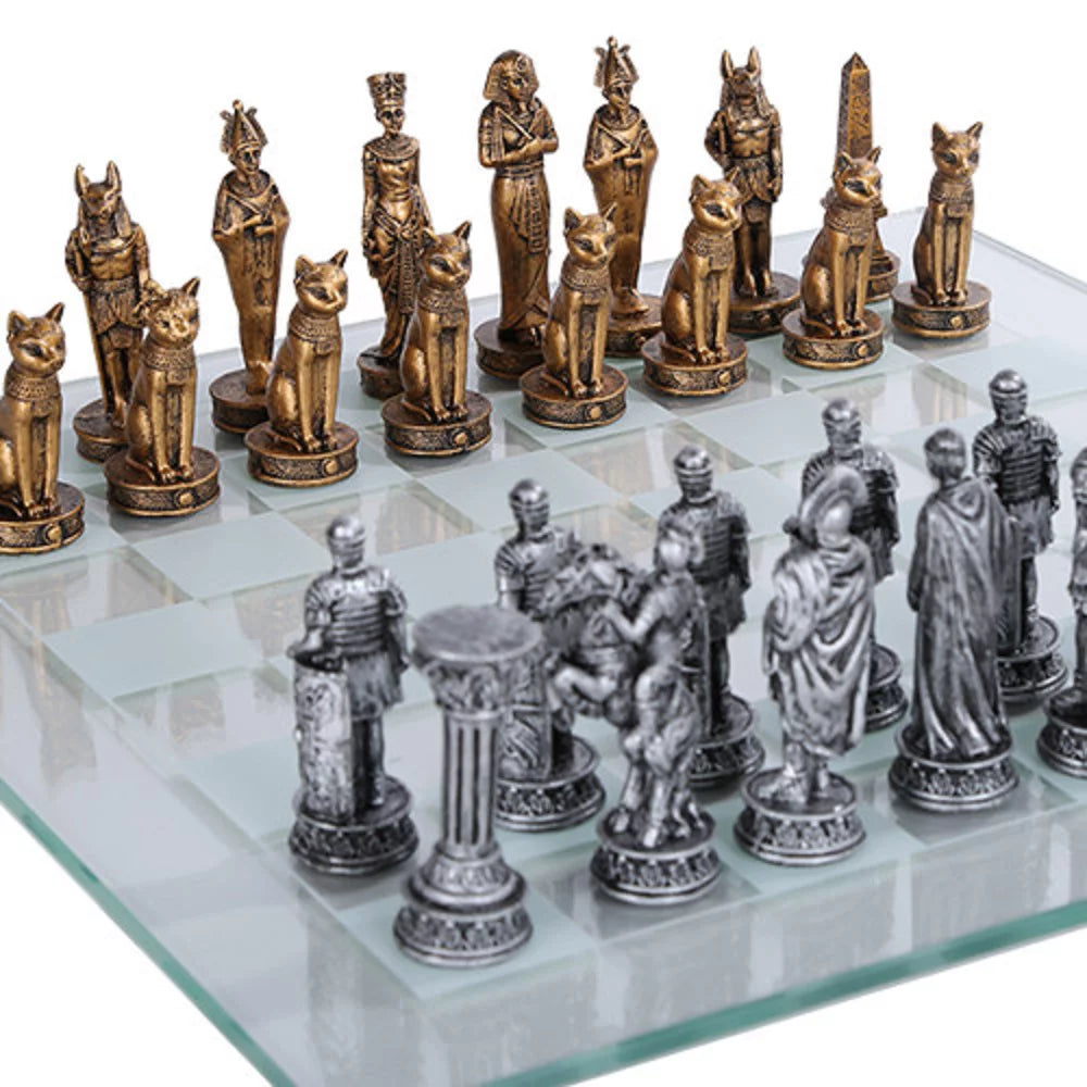 Egyptian vs Roman Chess Set with Glass Board G874283