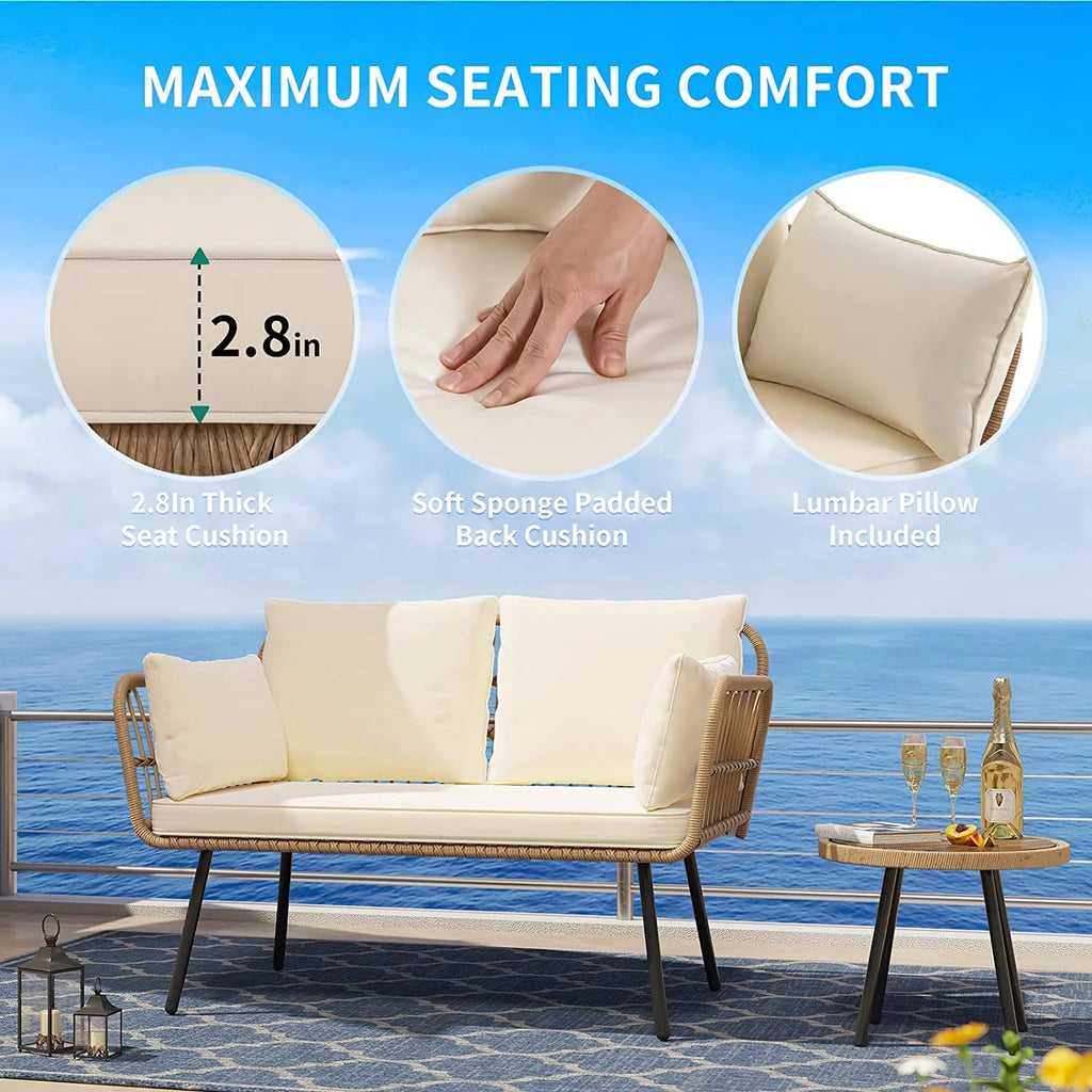 Wicker Loveseat Sofa with Beige Cushions L17043