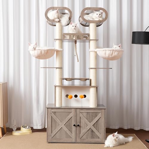 76.8-inch Wooden Cat Tree with Litter Box Enclosure and Scratching Post F674114