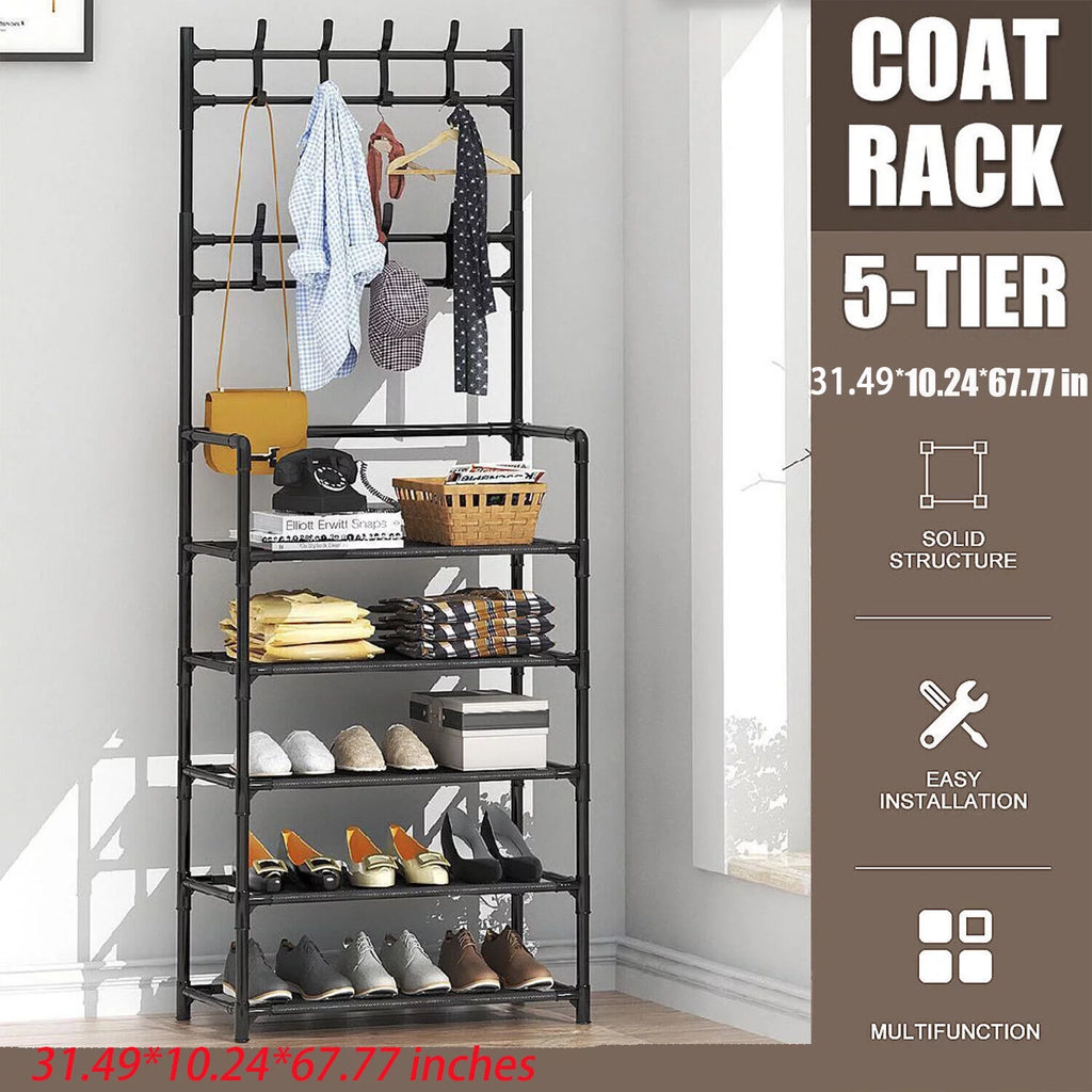 Coat Rack Stand with 5 Shelves Storage Black C12824