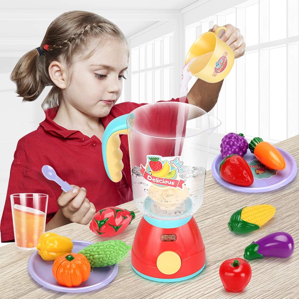 Kids Assorted Kitchen Appliance Toys, Pretend Kitchen Toy Set Includes Coffee Maker, Blender and Toaster, Cutting Play Food and Kitchen Utensils Accessories Q9317