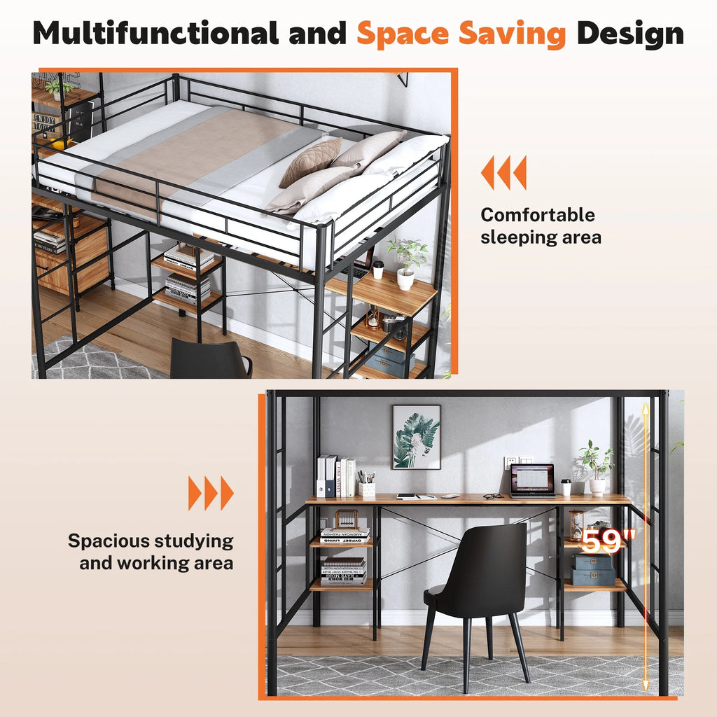 Black Twin Metal Loft Bed with Desk and 4 Shelves T685