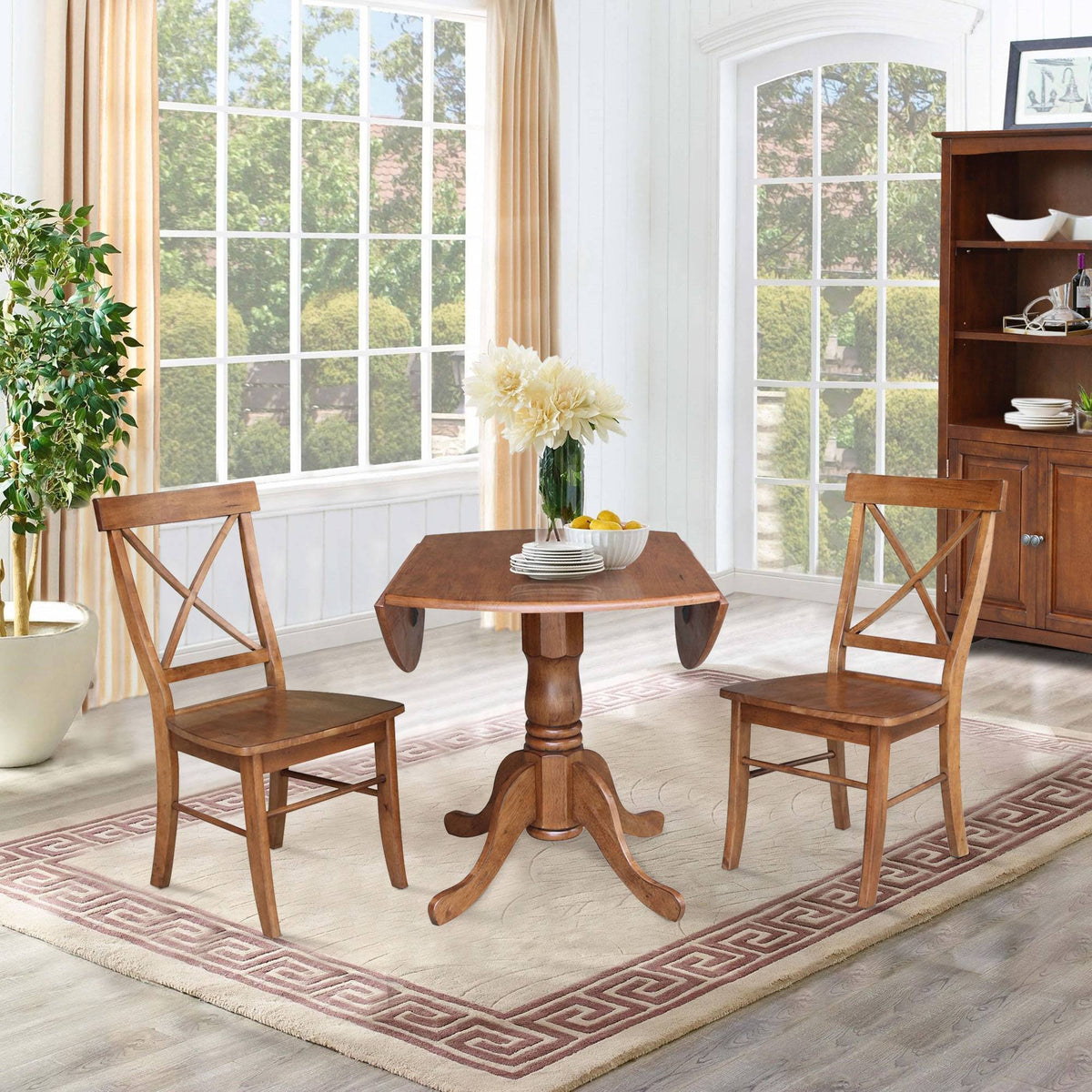 Dual Drop Leaf Table with 2 X-Back Chairs Set Distressed Oak - 3 Piece Y794919