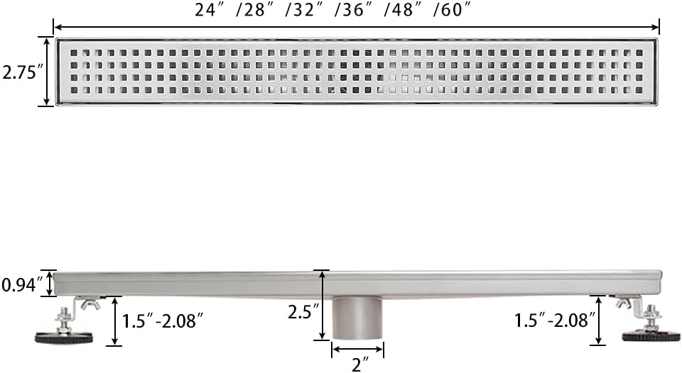 Brushed 304 Stainless Steel 12 inch Linear Shower Drain with Removable Grid Panel Z710979