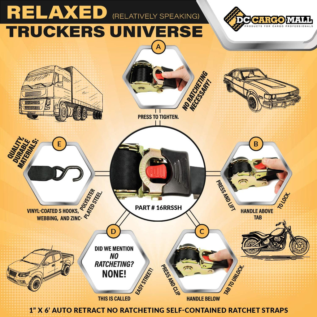 2 Auto Retract Ratchet Straps 1 x 10' Retractable Cargo Tie-Downs C978439