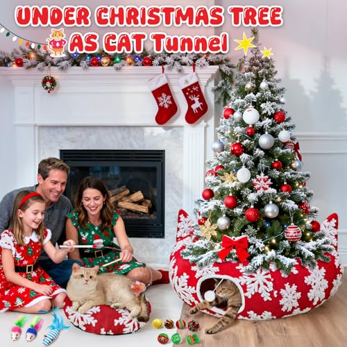 Red Snowflake Cat Tunnel with Washable Mat & 11Pcs Cat Toys B734010