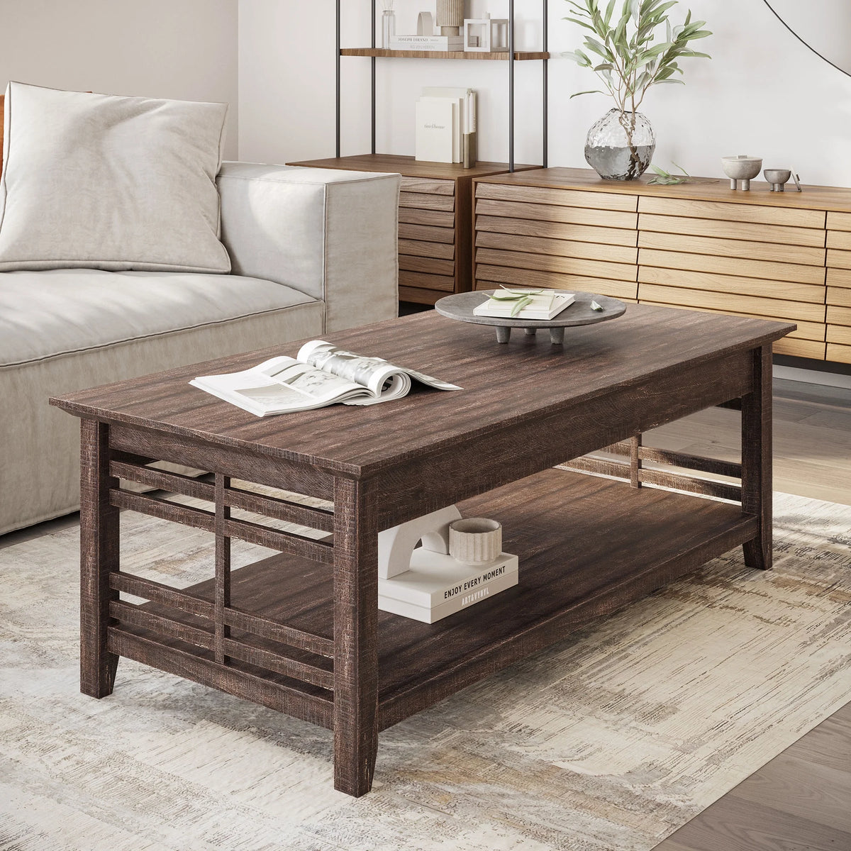 Espresso Wood Coffee Table with Storage Shelf H5400