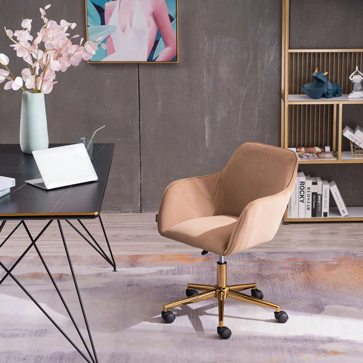 Velvet Adjustable Height Office Chair with Metal Legs and Wheels I5310
