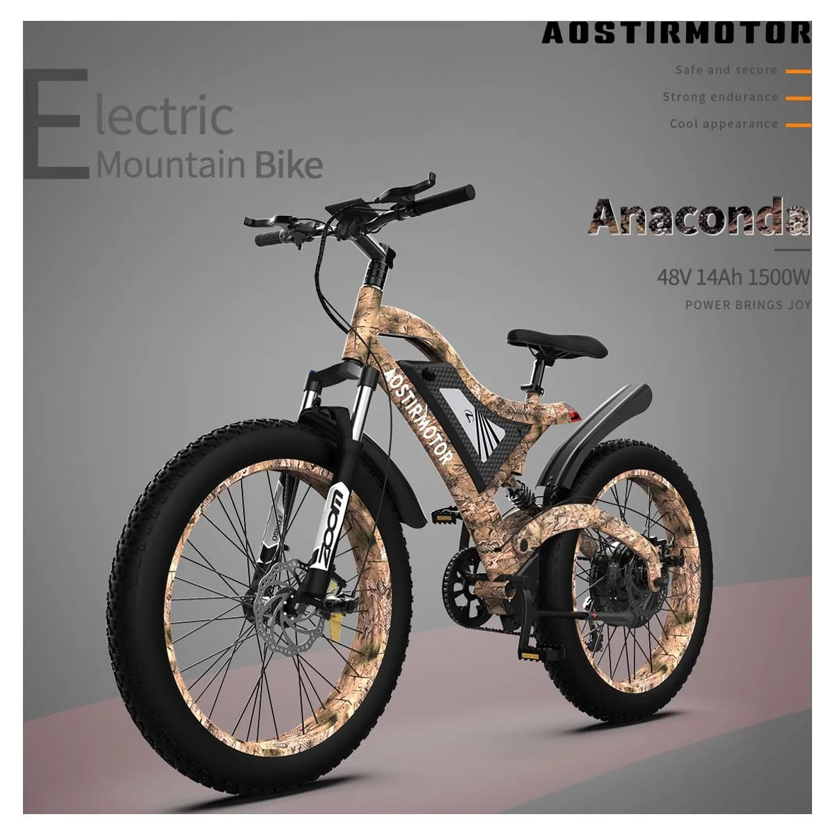 26 1500W Fat Tire Electric Bike 48V 15AH Removable Lithium Battery Full Suspension Mountain Bicycle T9052