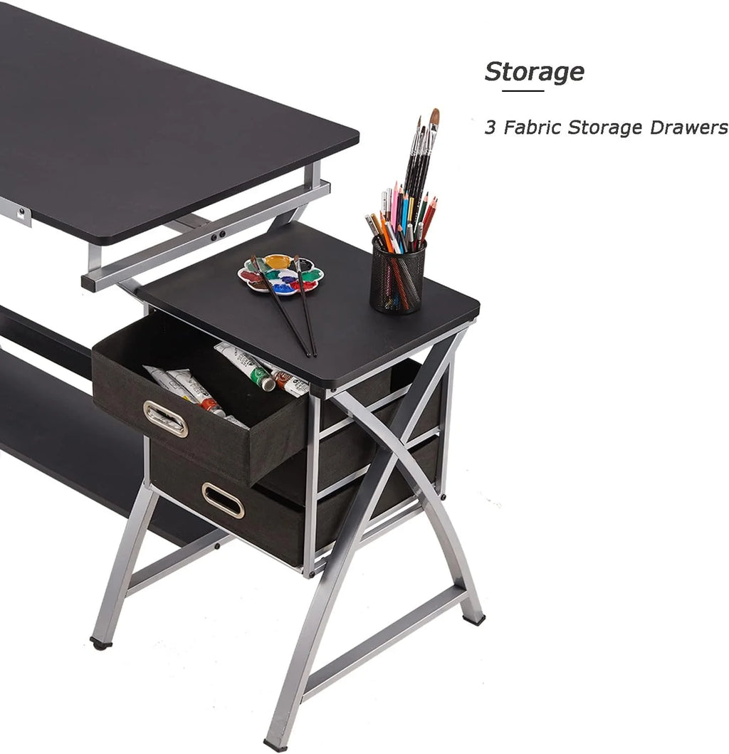 Adjustable Drafting Table with Stool and Storage Drawers, Black C15592