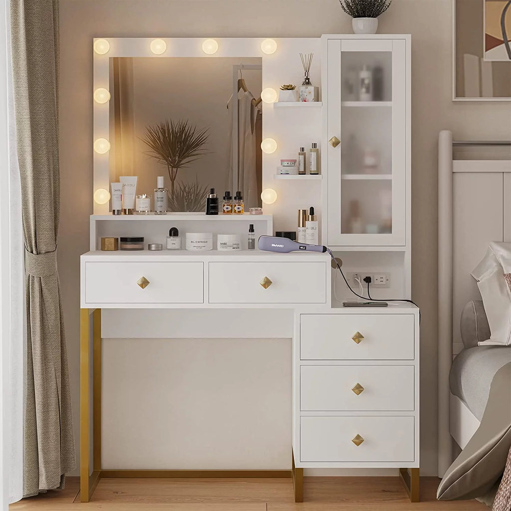 White Makeup Vanity with Lights and 5 Drawers F23083