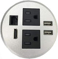 Round Top Power Grommet with 2 AC Plugs, 2 USB Ports, 1 CAT6 Port, 1 HDMI Port, Silver, Pack of 2 Q369