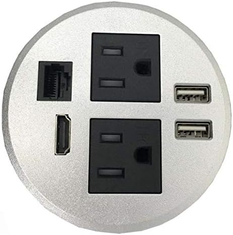 Round Top Power Grommet with 2 AC Plugs, 2 USB Ports, 1 CAT6 Port, 1 HDMI Port, Silver, Pack of 2 Q369