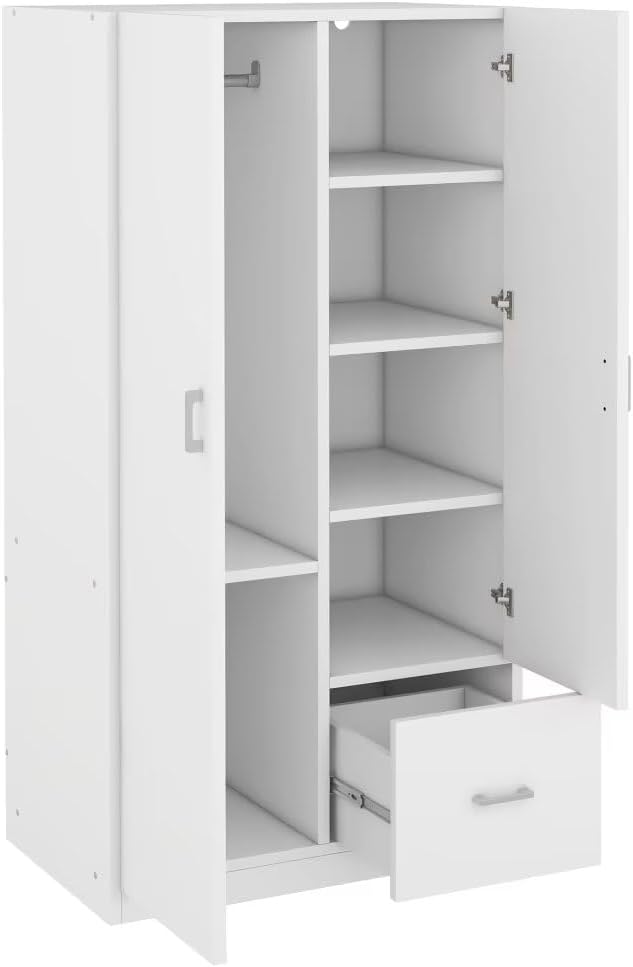 White 2 Door Wood Wardrobe with 5 Fixed Shelves and Hanging Rod Q875136