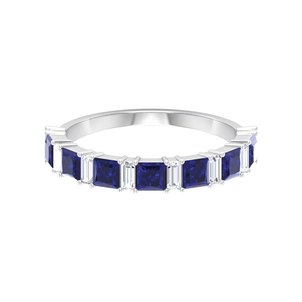 Lab Created Blue Sapphire Half Eternity Ring with Diamond - 2 CT, 14K White Gold, US 6.00 W64887