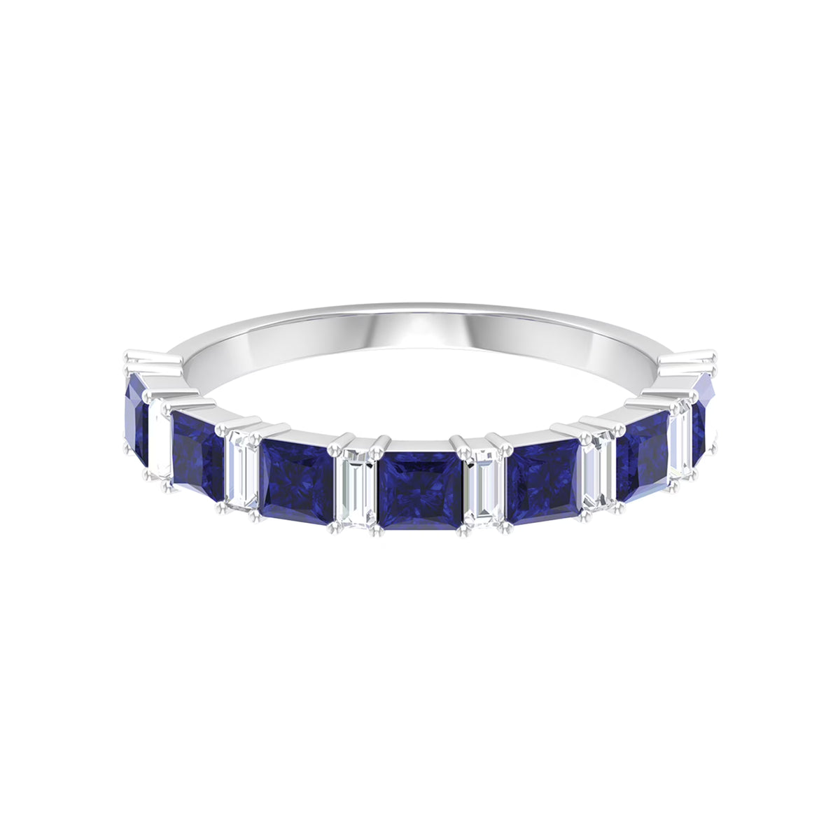 Lab Created Blue Sapphire Half Eternity Ring with Diamond - 2 CT, 14K White Gold, US 6.00 W64887
