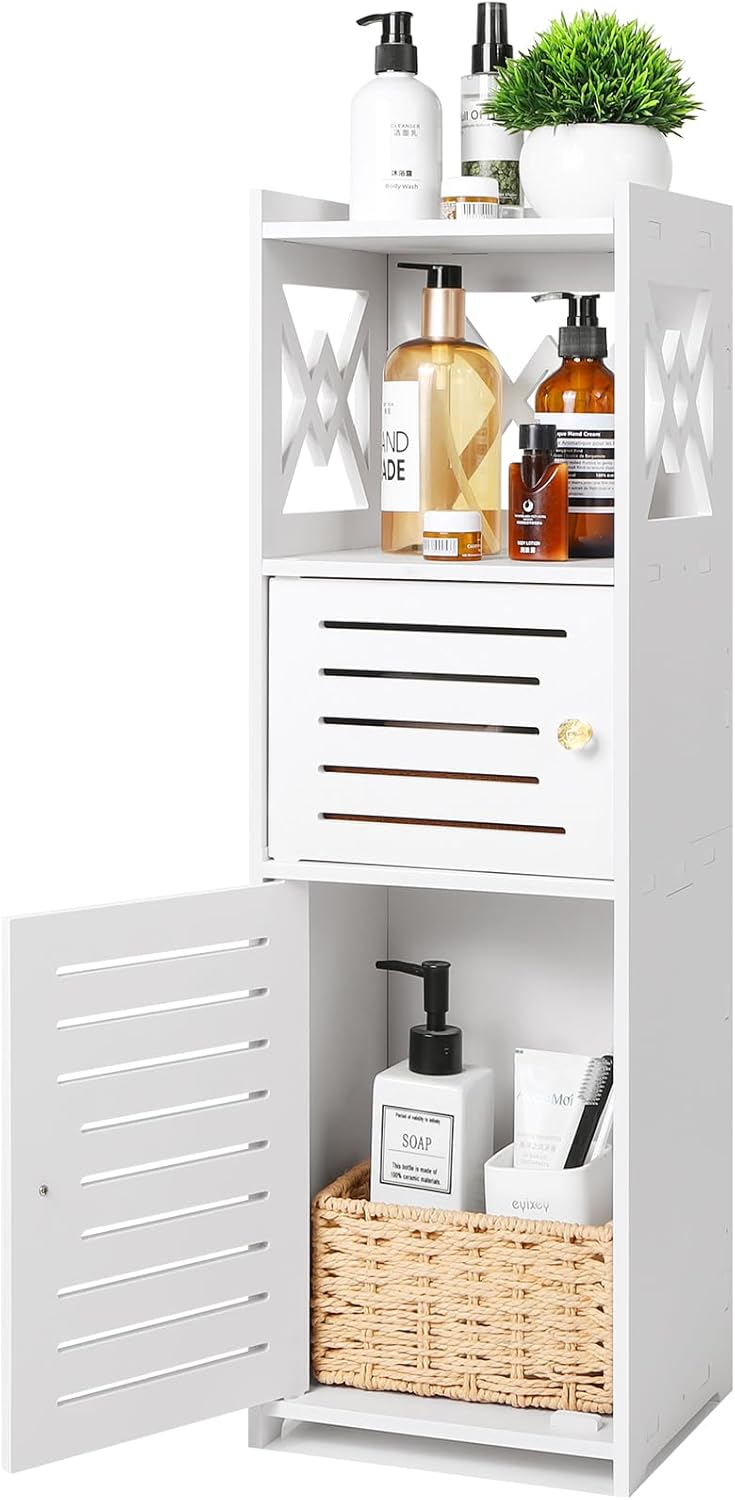 Slim Bathroom Storage Cabinet with Double Door and 3 Tier Shelf E143256