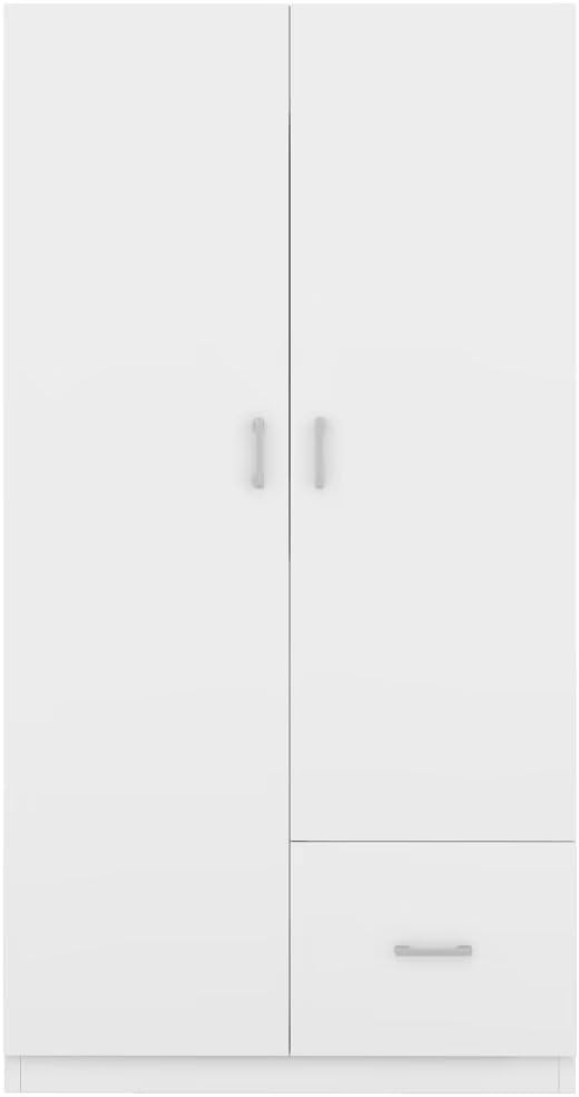 White 2 Door Wood Wardrobe with 5 Fixed Shelves and Hanging Rod Q875136
