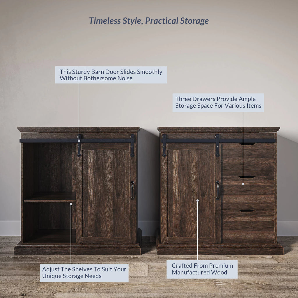 Modern Farmhouse Buffet Table with Sliding Barn Door, Three Drawers & Two Shelves O2060