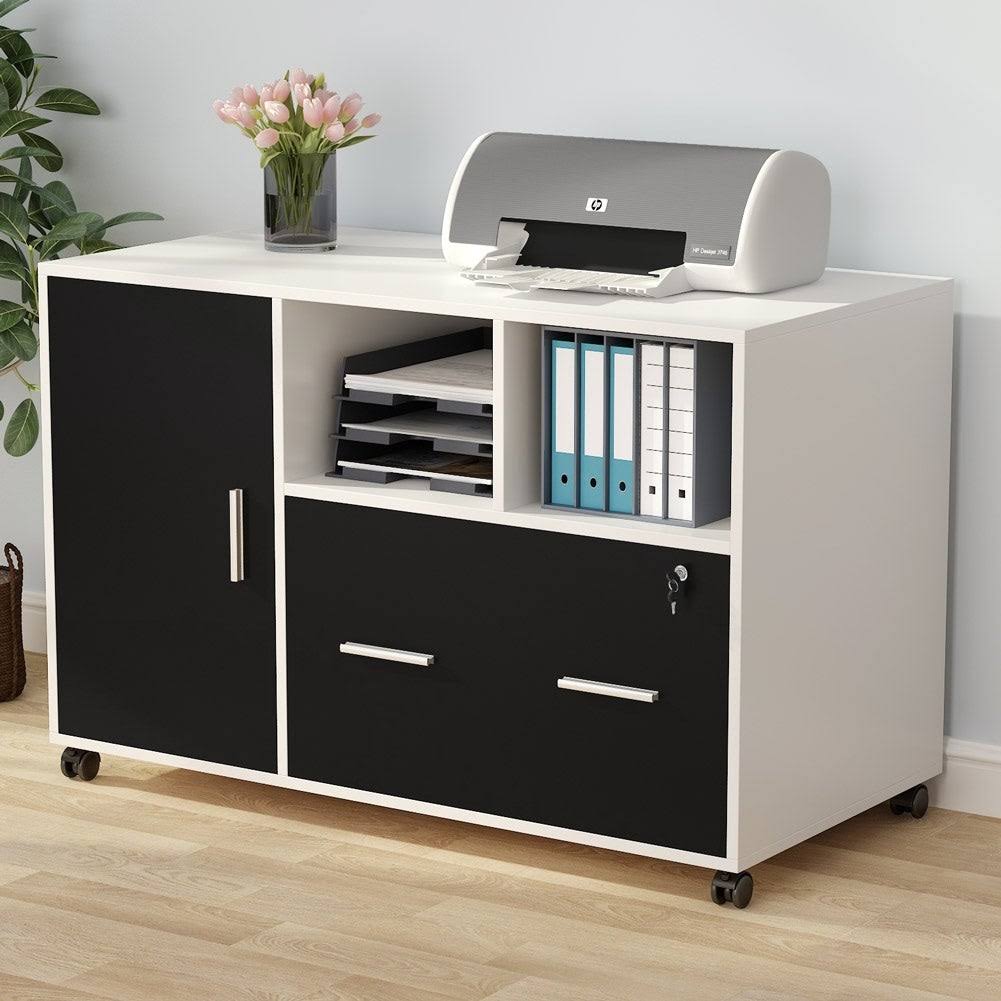 White/Black Mobile Lateral File Cabinet with Lock and Wheels K13391