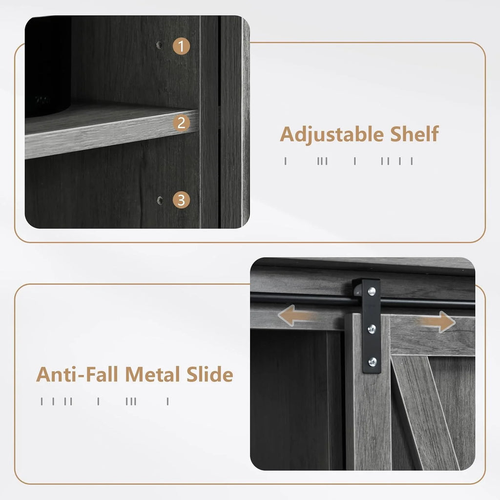 Wash Gray Coffee Bar Cabinet with Sliding Barn Doors L32508