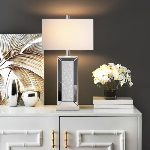 Table Lamp Set of 2 Touch Control Silver Mirror Crystal with USB C+A Ports 3-Way Dimmable White Fabric Shade Z129060