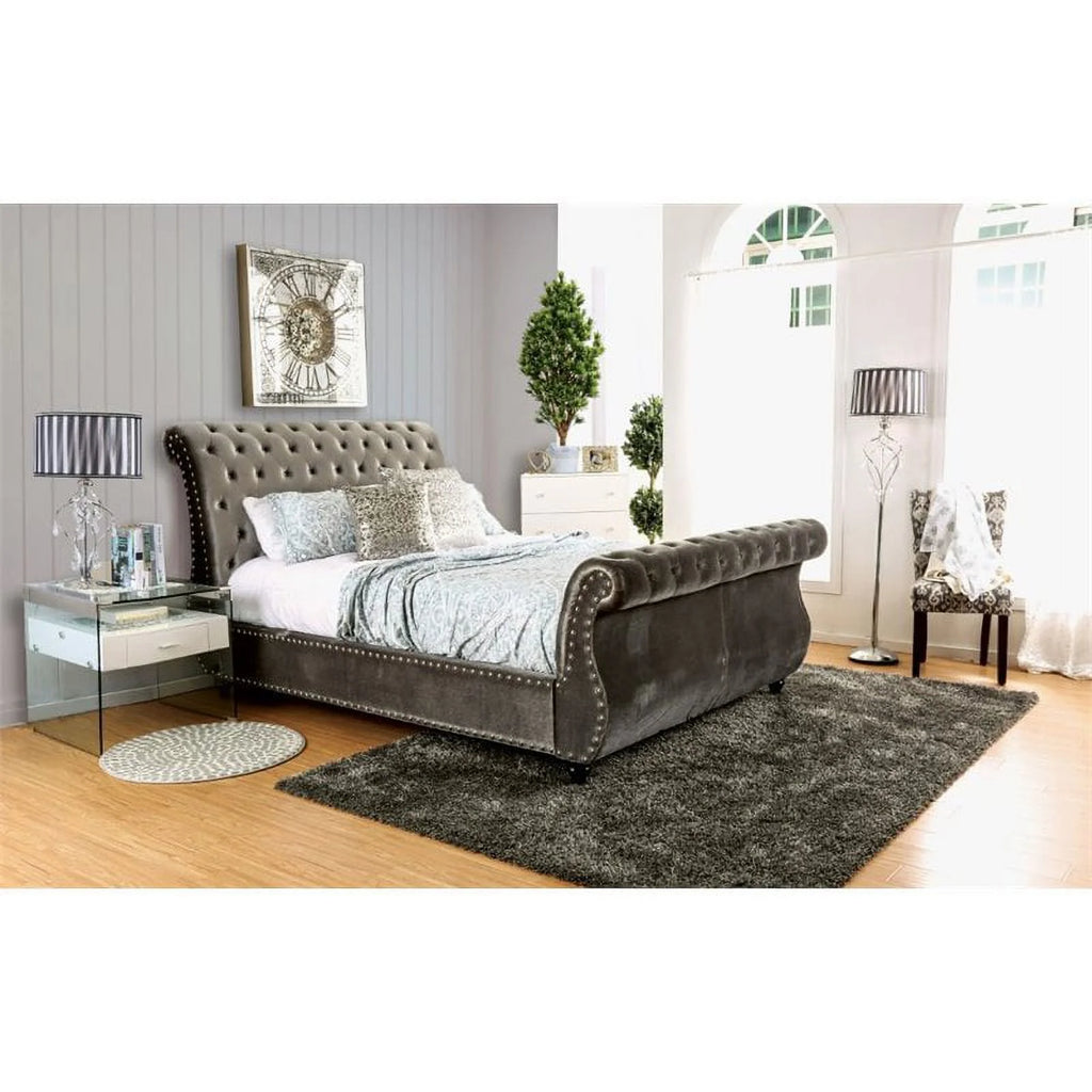 Gray Fabric Queen Sleigh Bed W6957