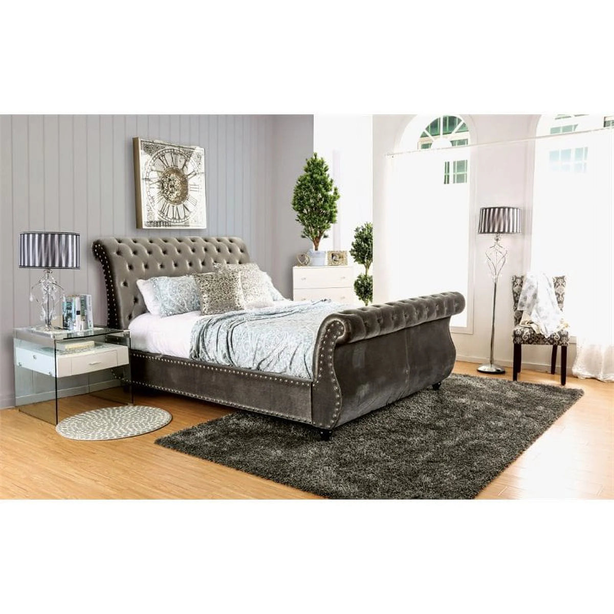 Gray Fabric Queen Sleigh Bed W6957