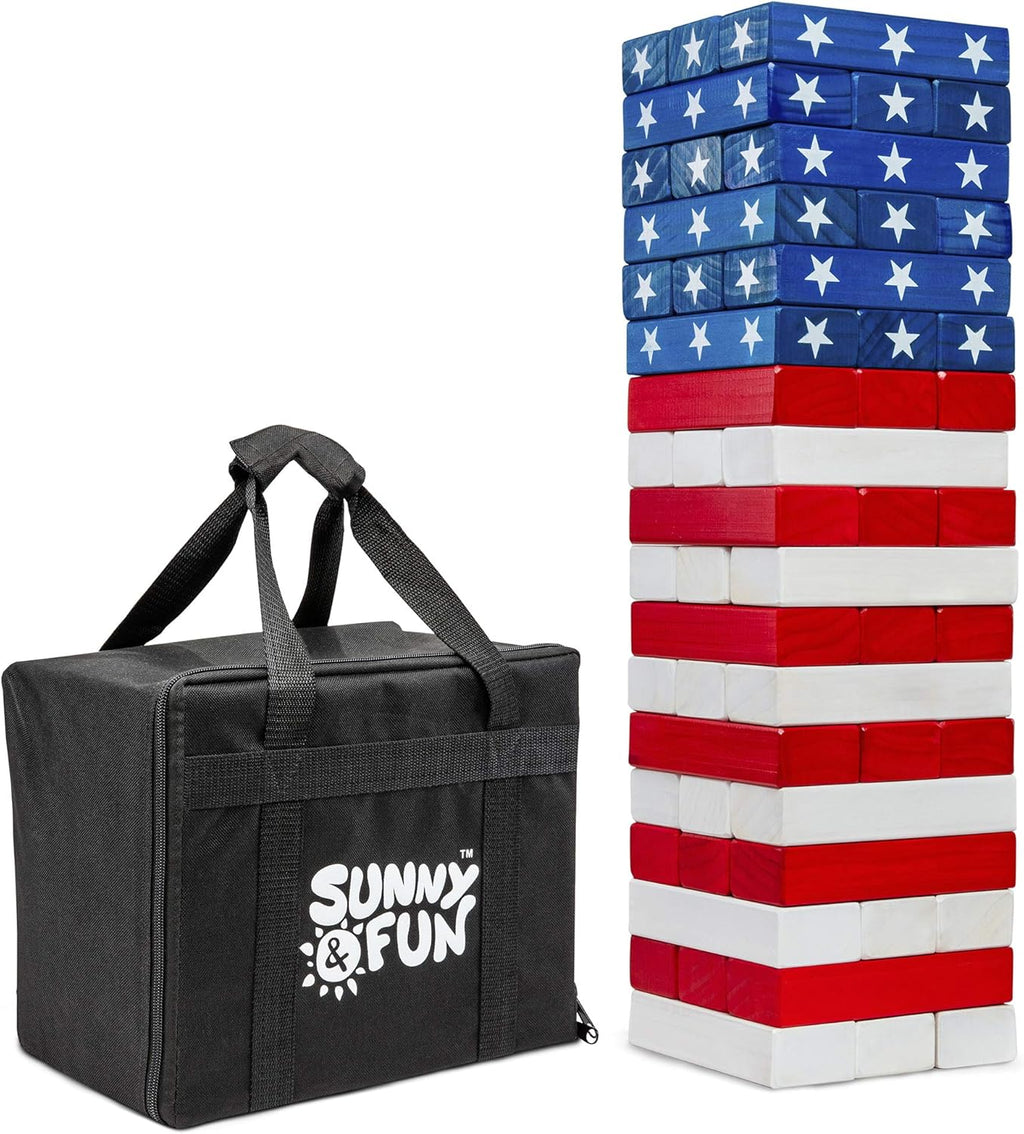 Large American Flag Tumbling Tower 54pc Wooden Toppling Blocks Stacking Yard Game with Storage Carry Bag B569837