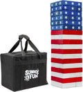Large American Flag Tumbling Tower 54pc Wooden Toppling Blocks Stacking Yard Game with Storage Carry Bag B569837
