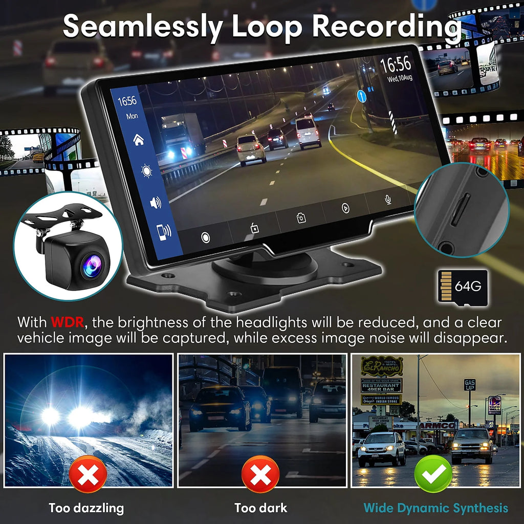 9.3 Portable Car Stereo with 2.5K Dash Cam and Backup Camera I1369