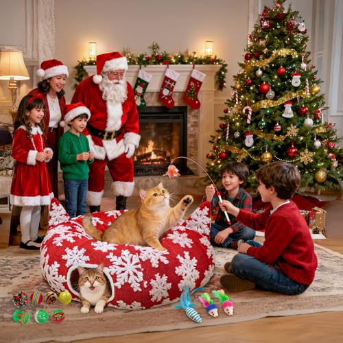 Red Snowflake Cat Tunnel with Washable Mat & 11Pcs Cat Toys B734010
