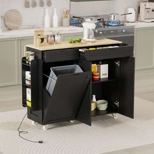 Rolling Kitchen Island with Power Outlet & Drop Leaf, Trash Storage Cabinet, Spice Rack & Towel Rack, Knife Holder B2008