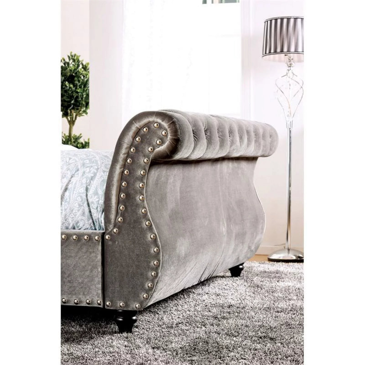 Gray Fabric Queen Sleigh Bed W6957