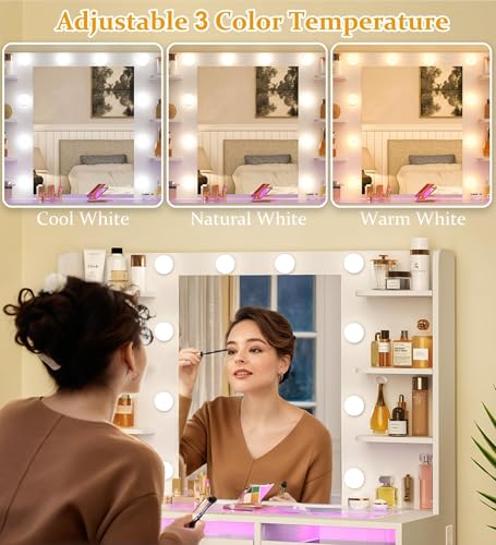 White Vanity Desk with Mirror and Lights J6379